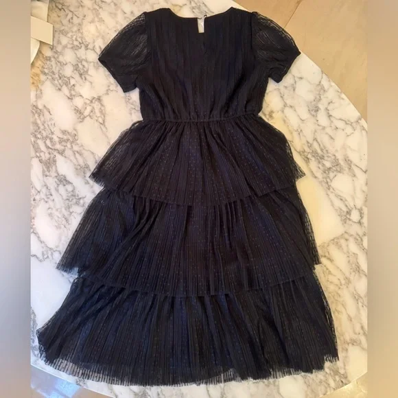 NWT J. CREW FACTORY Pleated flock-dot puff-sleeve dress black tulle Sold Out Sz2 - Picture 4 of 7